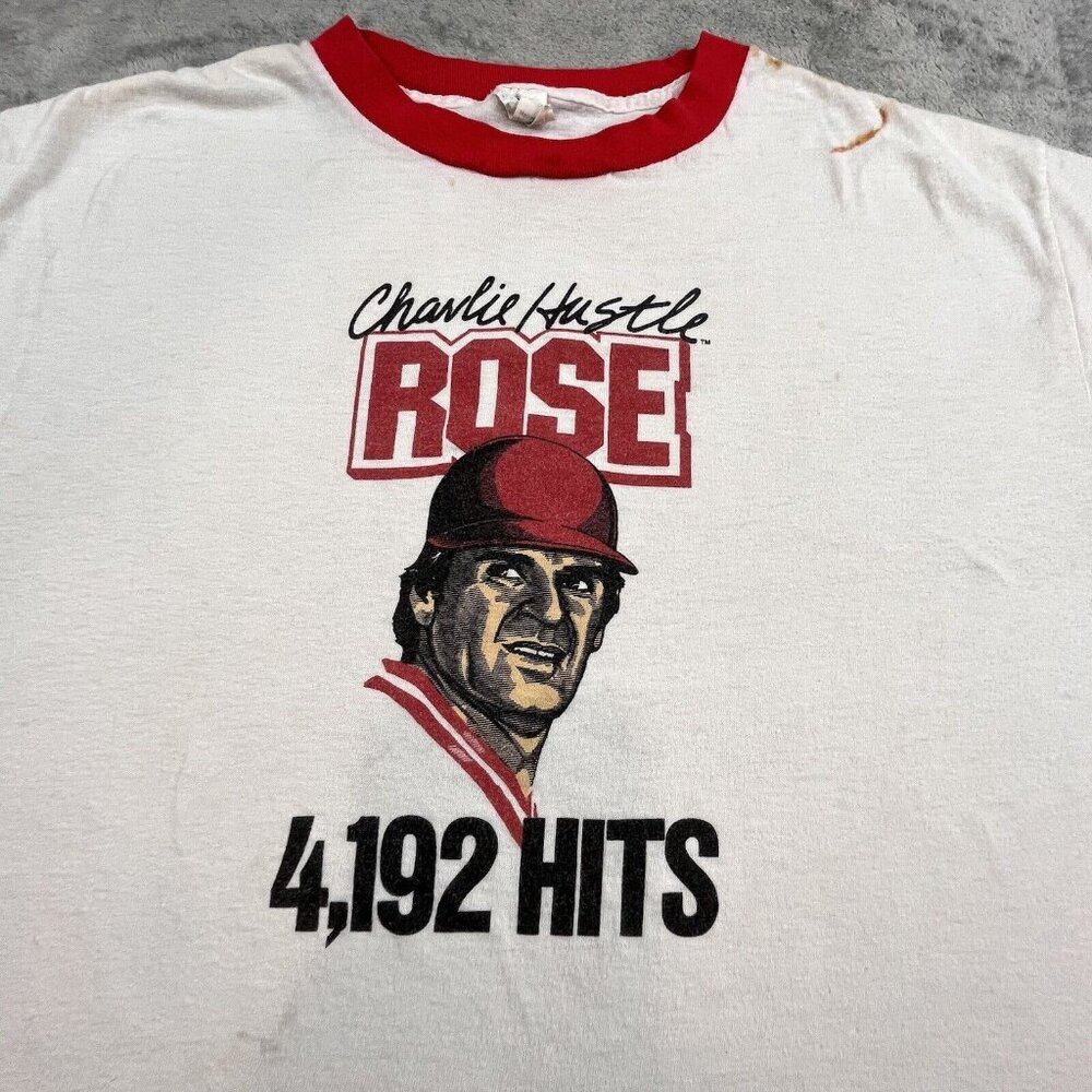 VTG 80s Charlie Hustle Rose 4,192 Hits Record Ringer Shirt Mens Medium Baseball
